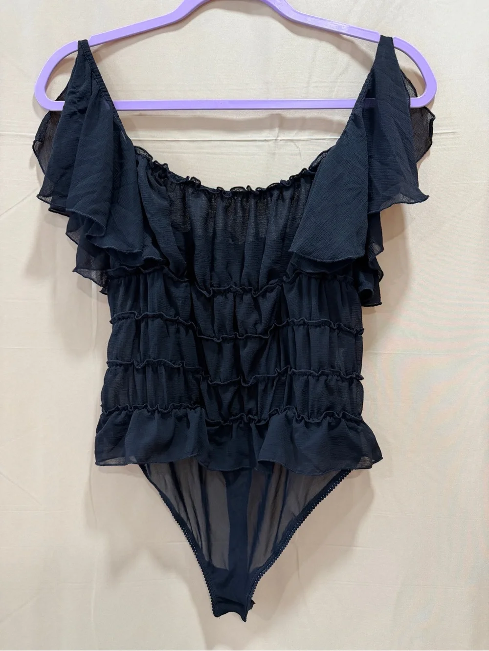 Intimately Free People Sheer Ruffle Cold Shoulder Bodysuit Black Size Small